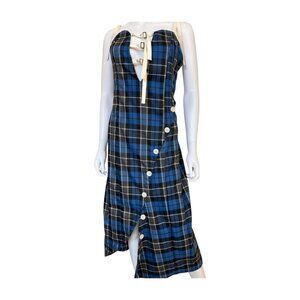 Blue Plaid Midi Dress Adjustable Straps Button Front Cottagecore